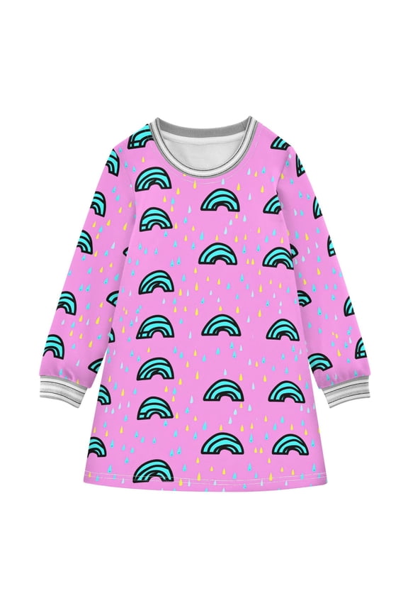 Rainbow Raindrops on Pink Girls'long-sleeved dress Thickened A-dress Warm Dress Basic Shirt Party Dresses