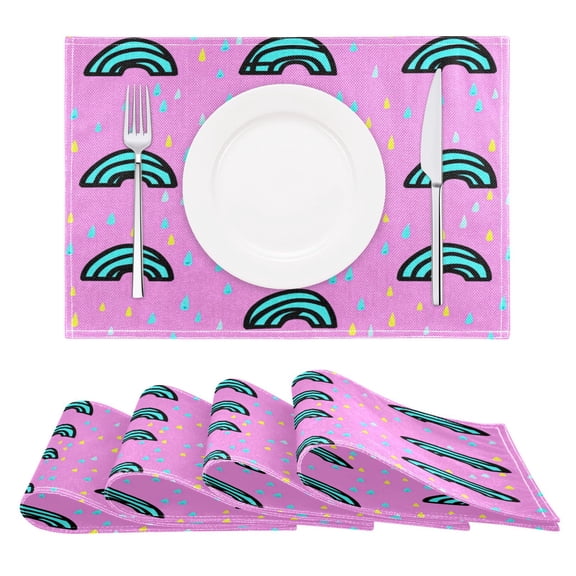 Rainbow Raindrops on Pink Reversible Placemat Non Slip Coffee Mat 18x12 Inch for Dining, Kitchen, Coffee
