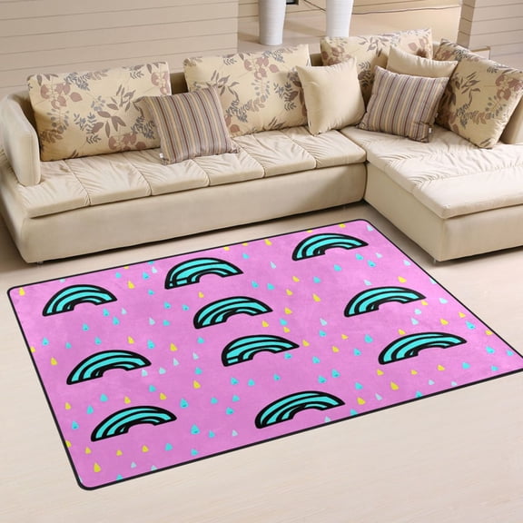 Rainbow Raindrops on Pink Soft Polyester Area Rug 31''x20'', Non Slip, Memory Foam, Water Absorbent