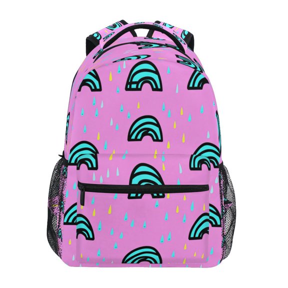 Rainbow Raindrops on Pink Stylish Large Backpack 15L Self-Standing Durable Twill for School, Office and Travel Use