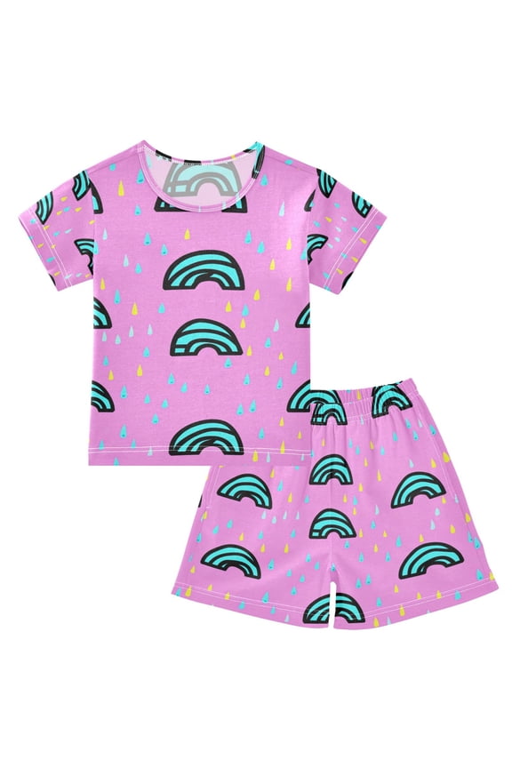 Rainbow Raindrops on Pink Summer Pajama Set Soft Cotton Short Sleeve Sleepwear 2PCS Pajama Sets Breathable Lounge Set Size 5Y