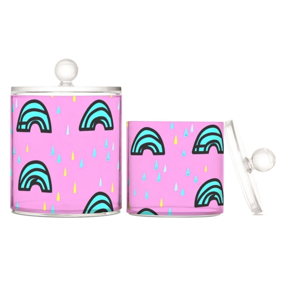 Rainbow Raindrops on Pink Translucent Plastic Cotton Swabs Canisters Large Medium Set