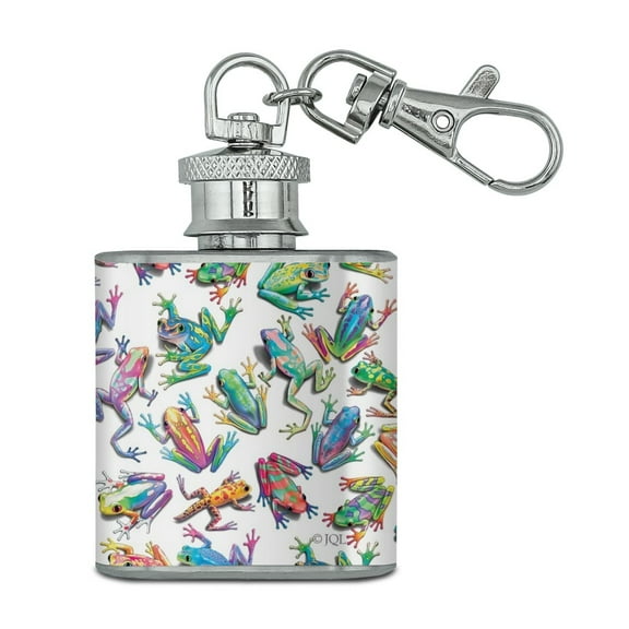 Rainbow Rainforest Frogs Sticky Fingers Pattern Stainless Steel 1oz Mini Flask Key Chain