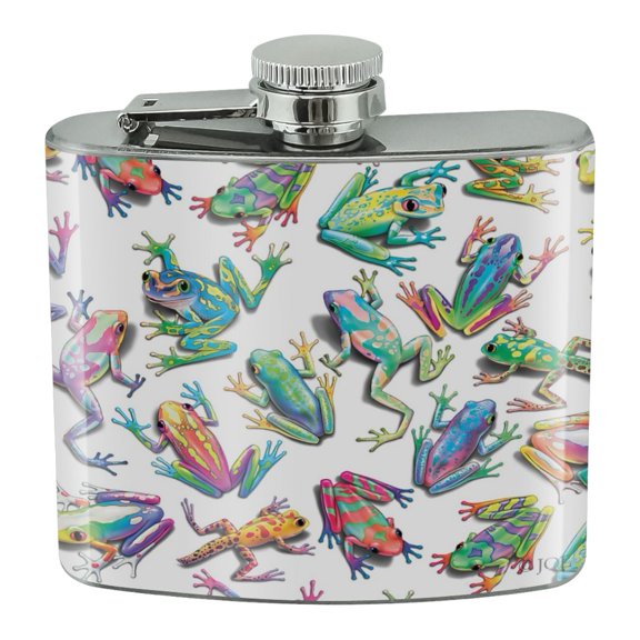 Rainbow Rainforest Frogs Sticky Fingers Pattern Stainless Steel 5oz Hip Drink Kidney Flask