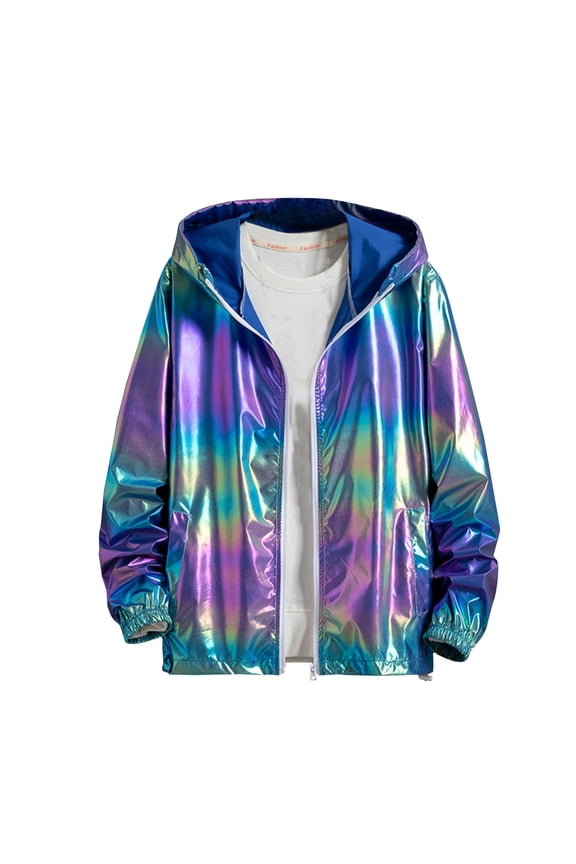 Rainbow Reflective Hooded Jacket for Men Windbreaker Zipper Long Sleeve High Visibility Coat with Pockets