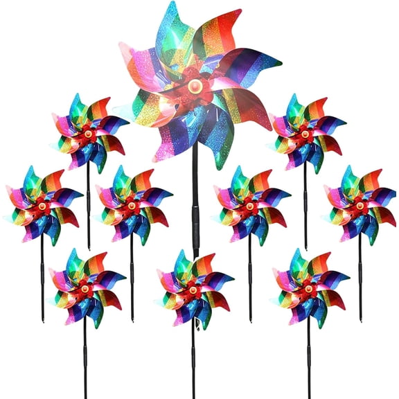 Rainbow Reflective Pinwheels with Stakes Windmill Wind Spinners Outdoor for Yard Garden Lawn Farm Decor Bird Repellent, Large Plastic Foil Pin Wheels for Birds Animal Deterrent