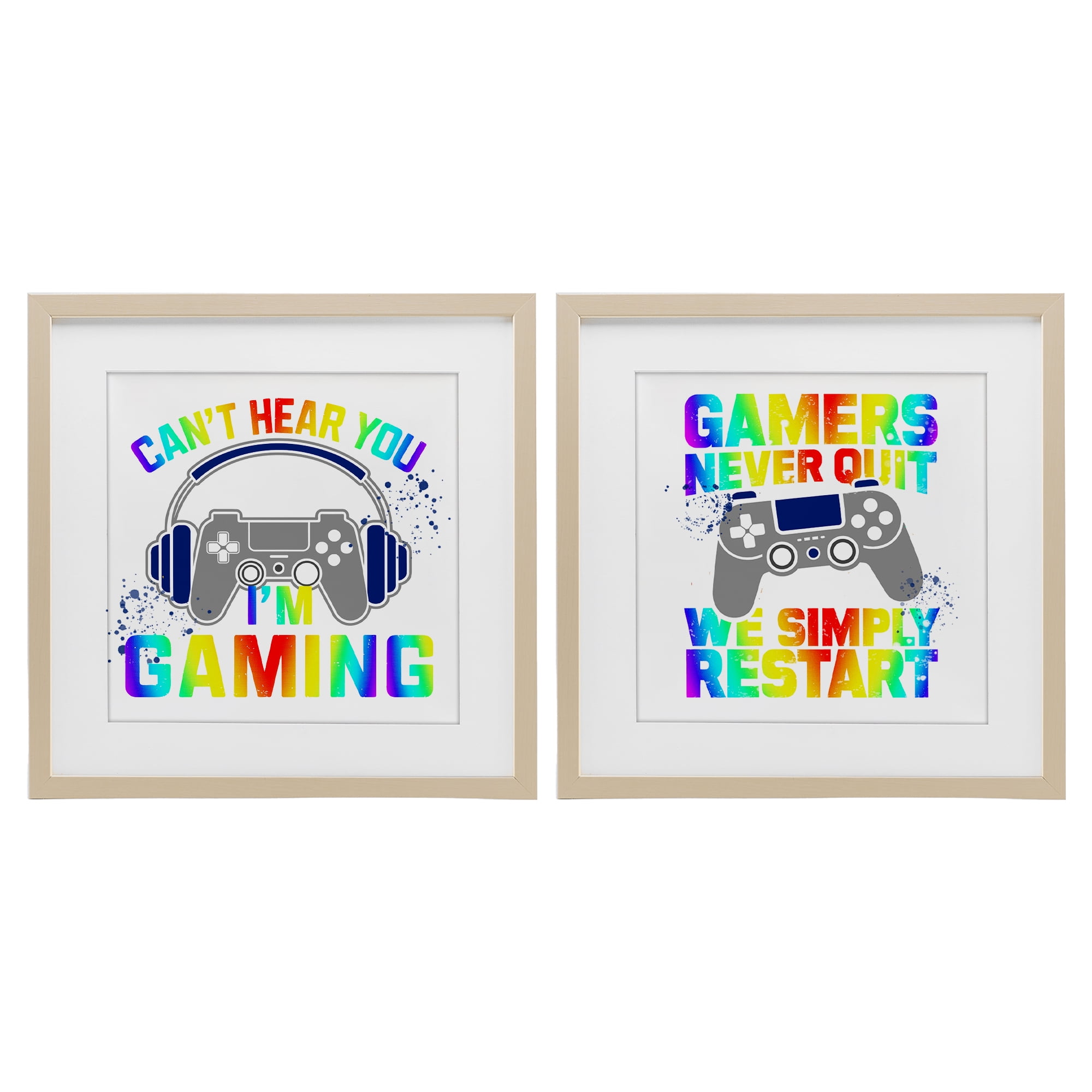 Rainbow Retro Gaming Phrases 2 Piece Birch Framed Print Under Glass Set, design by Kim Allen