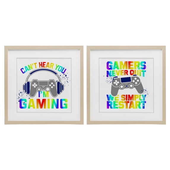 Rainbow Retro Gaming Phrases 2 Piece Birch Framed Print Under Glass Set, design by Kim Allen