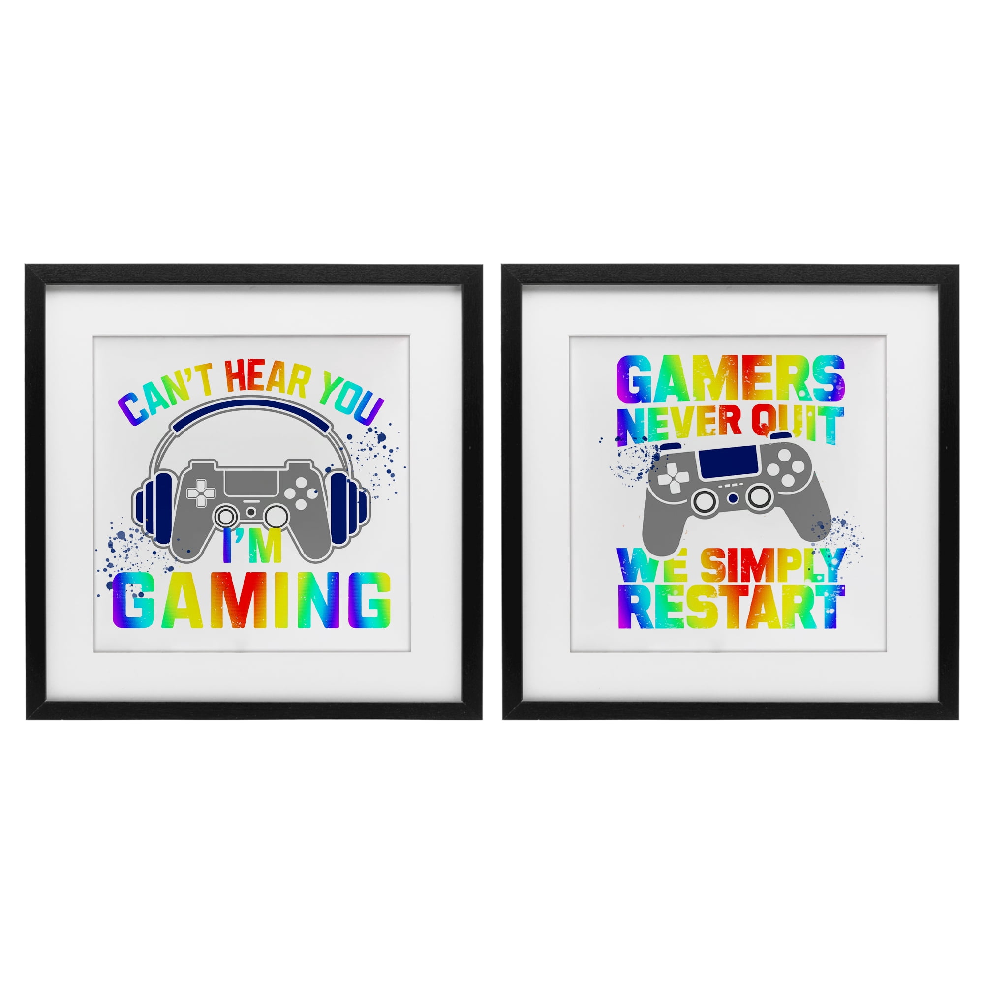 Rainbow Retro Gaming Phrases 2 Piece Black Framed Print Under Glass Set, design by Kim Allen