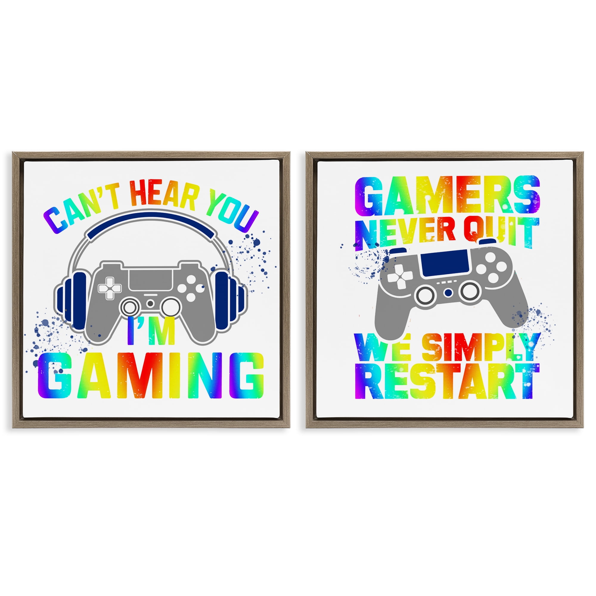 Rainbow Retro Gaming Phrases 2 Piece Brown Framed Floater Canvas Set, design by Kim Allen
