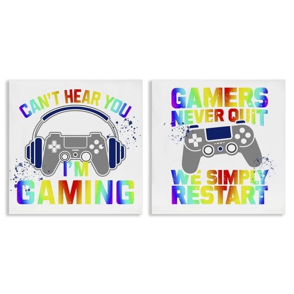 Rainbow Retro Gaming Phrases 2 Piece Canvas Wall Art Set, design by Kim Allen