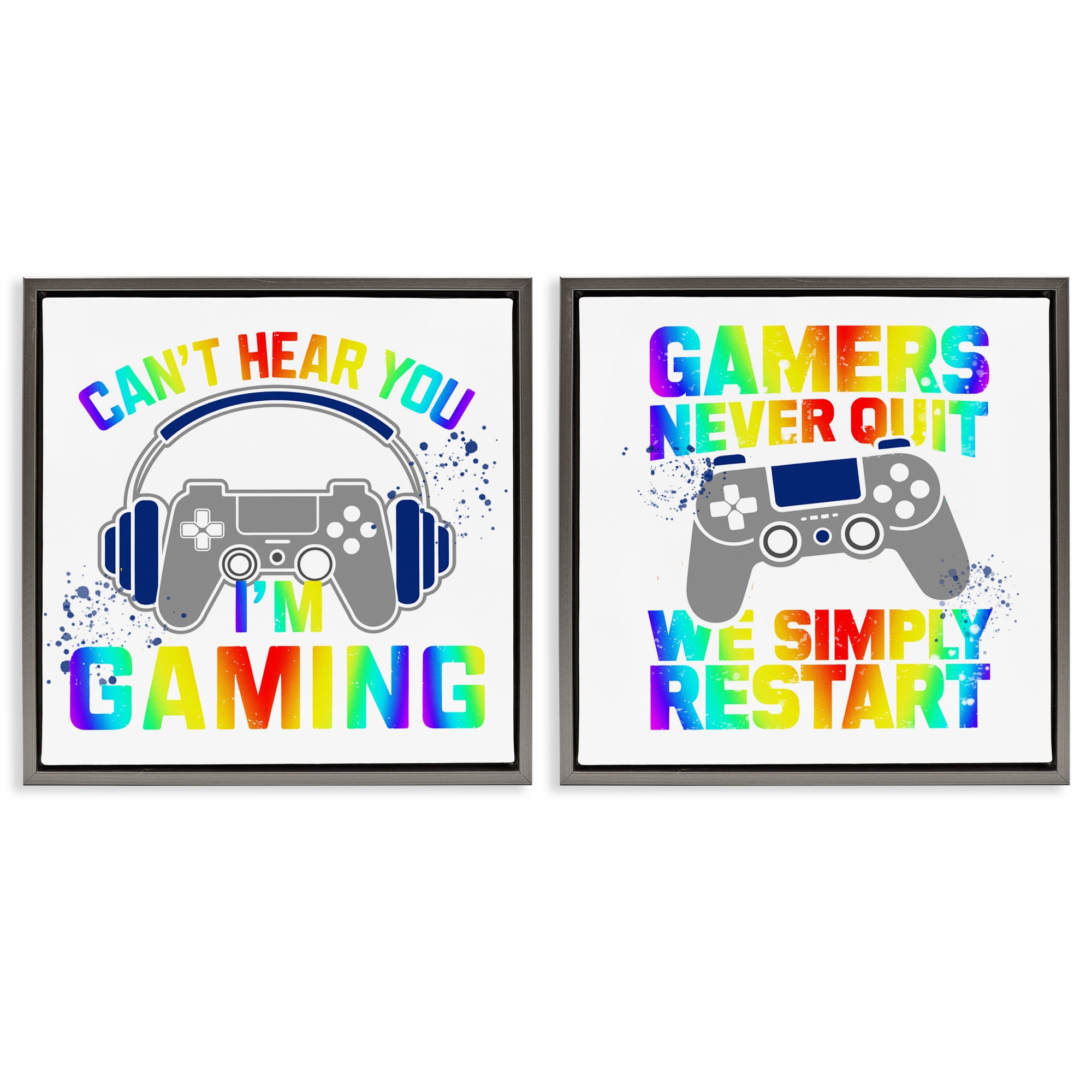 Rainbow Retro Gaming Phrases 2 Piece Gray Framed Floater Canvas Set, design by Kim Allen
