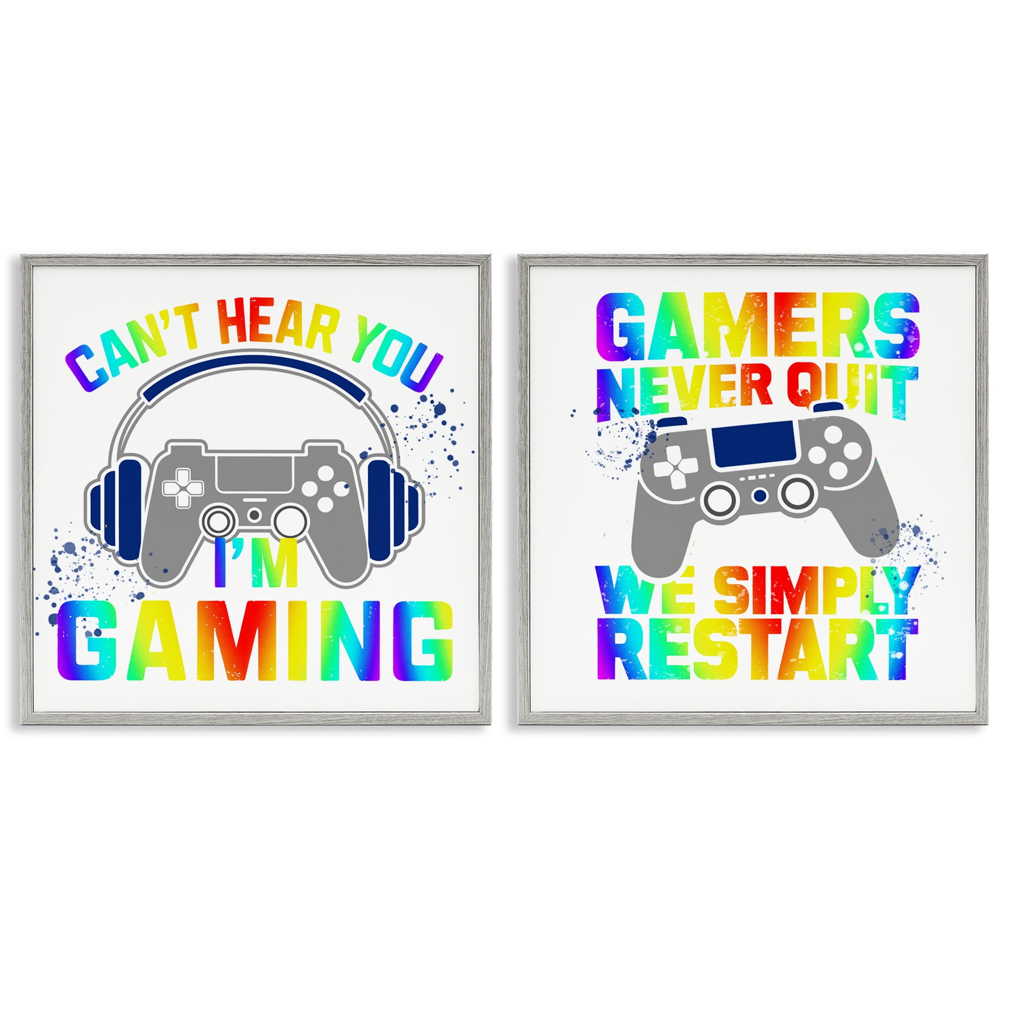 Rainbow Retro Gaming Phrases 2 Piece Gray Framed Giclee Art Set, design by Kim Allen