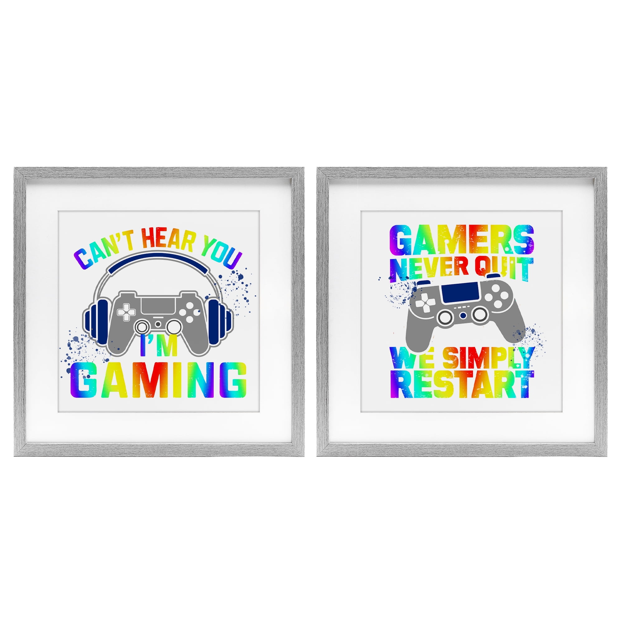 Rainbow Retro Gaming Phrases 2 Piece Gray Framed Print Under Glass Set, design by Kim Allen