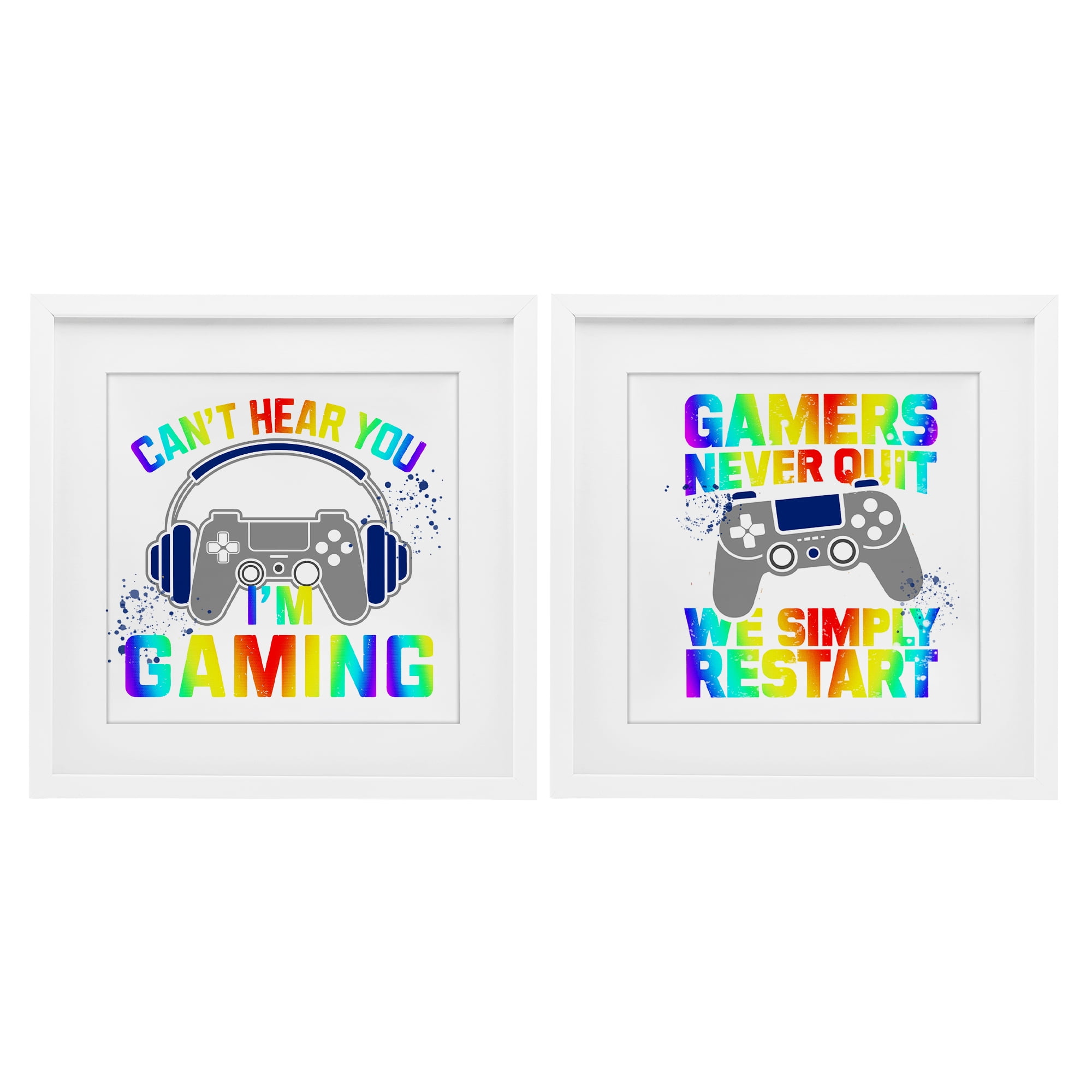 Rainbow Retro Gaming Phrases 2 Piece White Framed Print Under Glass Set, design by Kim Allen
