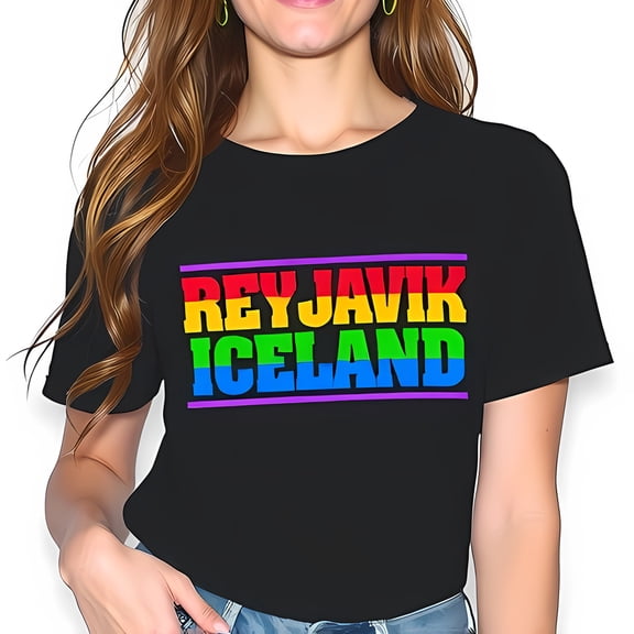 Rainbow Reykjavik Iceland Graphic T-Shirt for Women - Tee with Purple Border