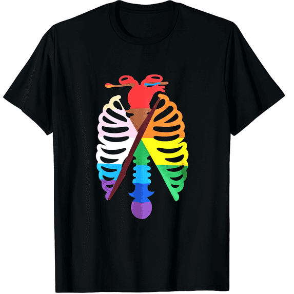 Rainbow Rib Cage Skeleton LGBTQ Pride Adult Unisex Black T-Shirt - Cotton