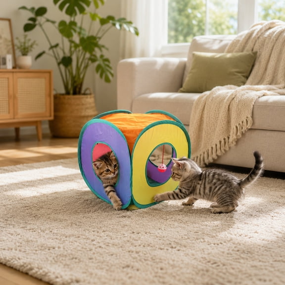 Rainbow Rolling Cat Cube Toy, Collapsible Indoor Cat Play Cube with Peekaboo Openings & Hanging Tassel, Lightweight Foldable Cat Furniture