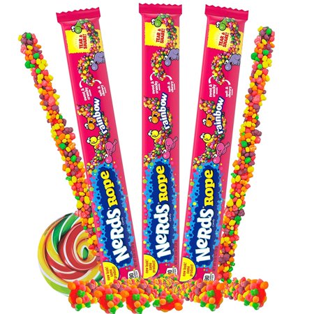 Rainbow Rope Candy, Chewy Individually Wrapped Candy, Pack of 3, .92 Ounces per Rope