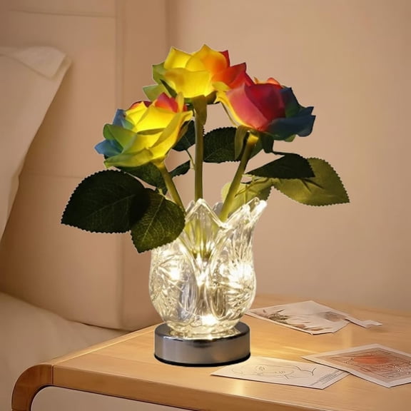 Rainbow Rose Lamp, LED Changing Night Light with Artificial Roses & Touch Control - Dimmable Cordless Table Lamp for Bedroom Decor & Valentineâs Gifts (Battery Powered)
