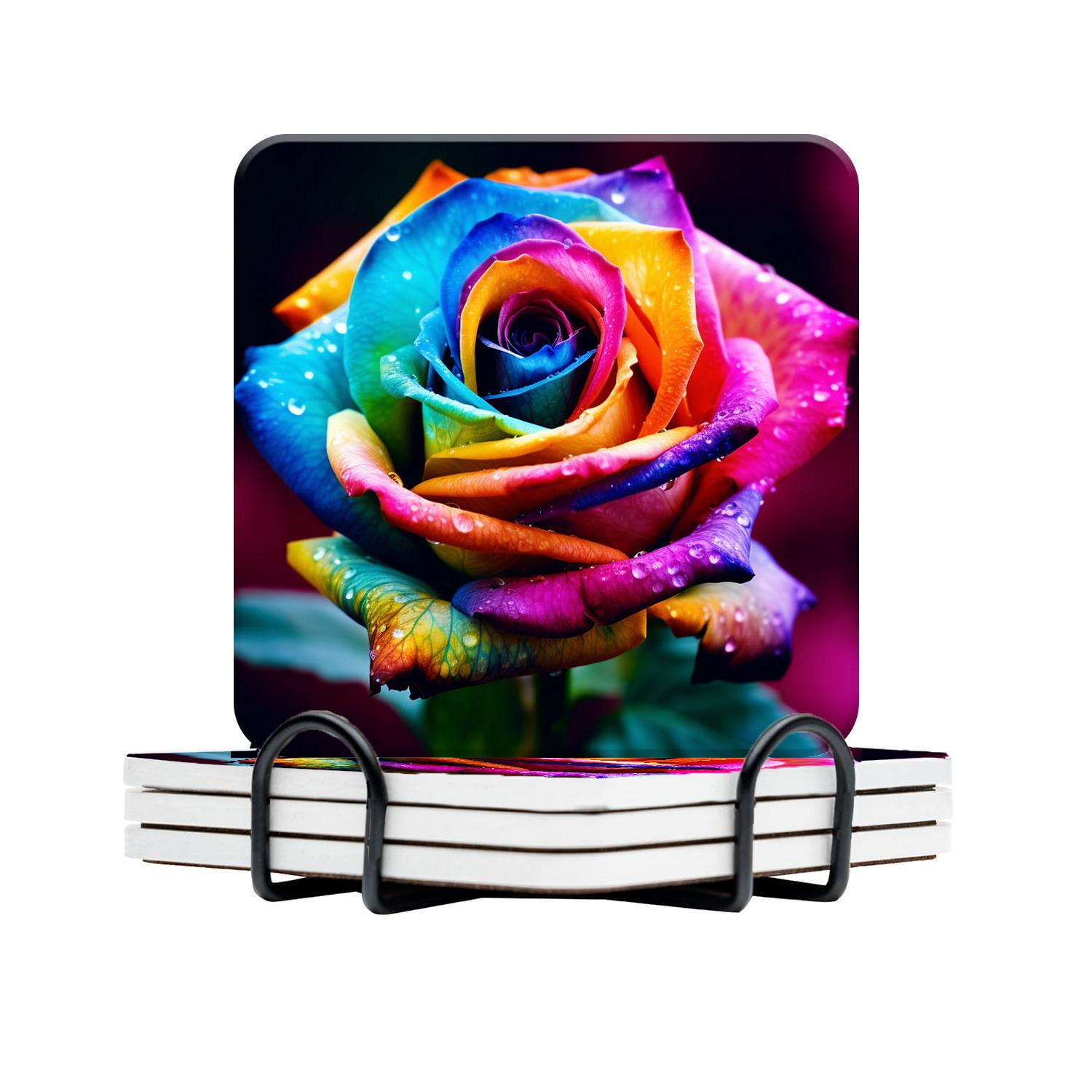 Rainbow Rose Elegant Drink Coasters with Holder,Non-Slip Coasters Set ...