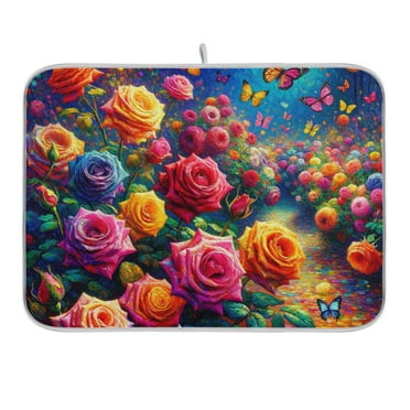 Rainbow Rose and Butterflies Dish Drying Mat 16x18 Absorbent Microfiber Draining Rack Pad for Kitchen Counter Sink