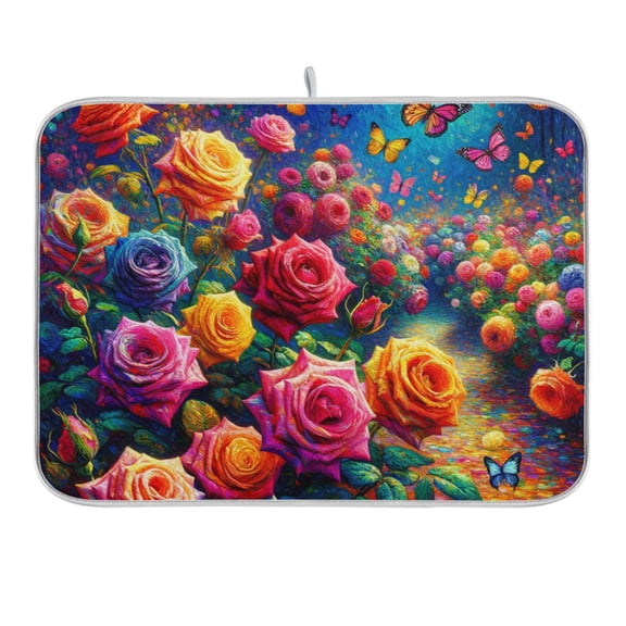 Rainbow Rose and Butterflies Dish Drying Mat 16x18 Absorbent Microfiber Draining Rack Pad for Kitchen Counter Sink