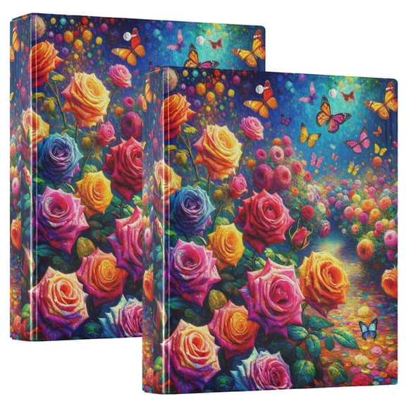 Rainbow Rose and Butterflies Hardcover 3 Ring Binder 1.5” Round Rings Letter Size Paper Pockets for School Office Supplies