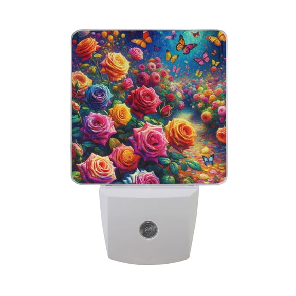 Rainbow Rose and Butterflies Night Light 2 Pack LED Nightlight Plug into Wall Dusk to Dawn Sensor Soft White