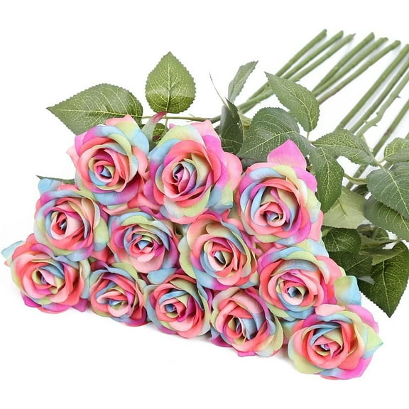 Rainbow Roses Artificial Flowers Artificial Roses Real Touch Rainbow Fake Roses Faux Flowers Floral Arrangement Bridal Bouquet for Wedding Decorations DIY Silk Flower Craft (Rainbow)