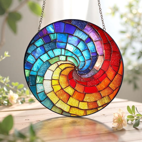 Rainbow Round Faux Stained Glass Acrylic Suncatcher, Window Hanging Decor, Christian Faith Gift