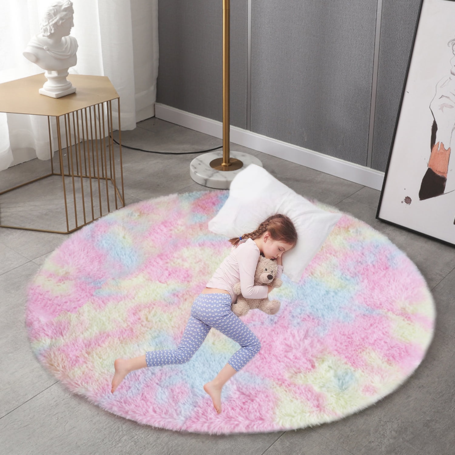 Rainbow Round Carpet for Kids, Colorful Children's Bedroom Decor, Soft
