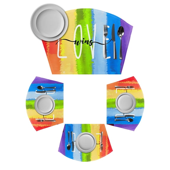 Rainbow Round Table Placemats Set of 4 Wedge Placemats, Cartoon Colorful Gradient Striped Funny Art Place Mats for Dining Table Set Washable Mats Kitchen Decor for Indoor Outdoor Wipe Clean