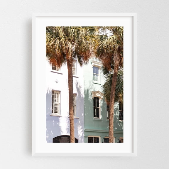 Rainbow Row I - Charleston South Carolina Photography Pastel Palm Tree Architecture Tropical Beach House Coastal Travel Poster White Framed Wall Art Print 16 x 24 inches