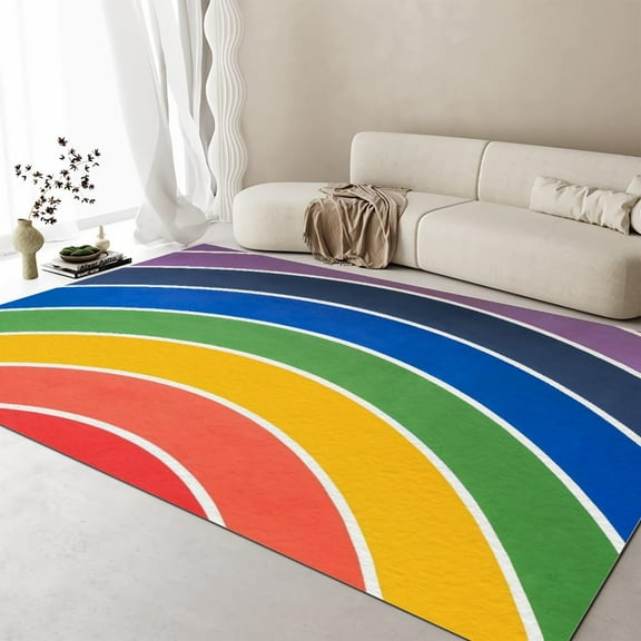 Rainbow Rug for Girls Bedroom, Classic Color Rainbow Pattern Rugs for Living Room, Washable Low Pile Nursery Carpet, Soft Non-Slip Kitchen Nursery Balcony Rugs 4x6ft