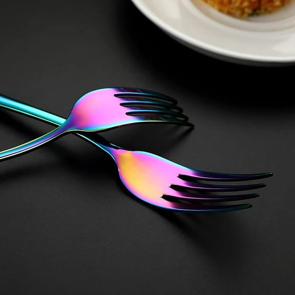 Rainbow Salad Fork Set, 6.8-Inch Stainless Steel Dessert Forks, 8-Piece Shiny Metal Small Cake Fork, Iridescent Silverware Set, Dishwasher Safe