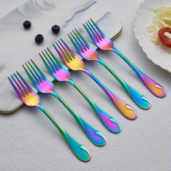 Rainbow Salad Fork Set, Stainless Steel Dessert Forks, 6-Piece Shiny Metal Small Cake Fork, Iridescent Silverware Set, Dishwasher Safe
