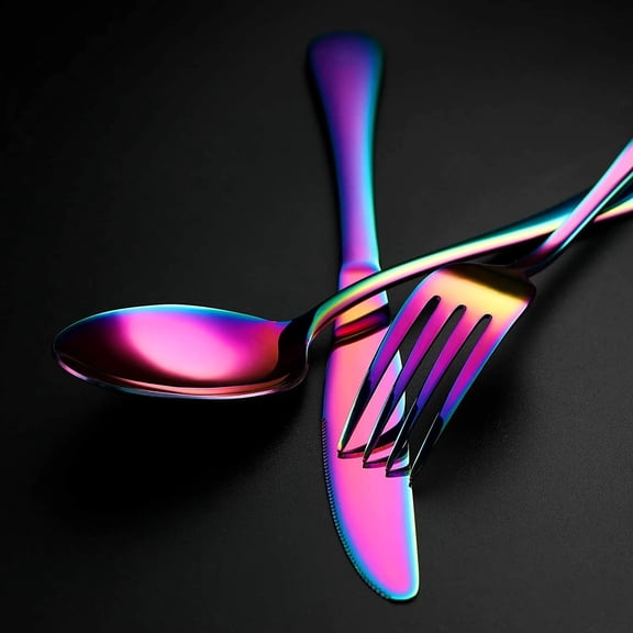 Rainbow Salad Forks Set of 8 Stainless Steel Colorful Dessert Forks, Iridescent Silverware, 6.8 Inch Mirror Finish Dishwasher Safe, Titanium-Plated