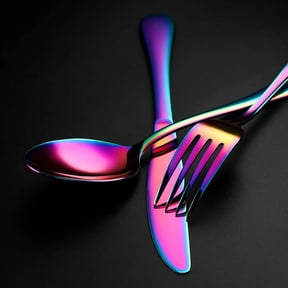Rainbow Salad Forks Set of 8 Stainless Steel Colorful Dessert Forks, Iridescent Silverware Flatware, 6.8 Inch Mirror Finish Dishwasher Safe, Titanium-Plated, Conversation Starter