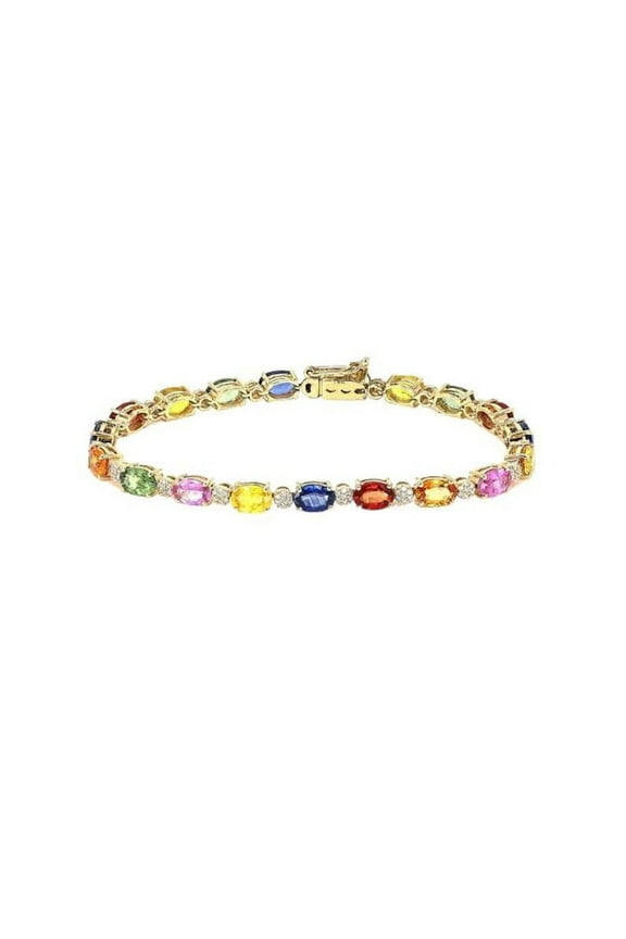 Rainbow Sapphire & CZ Diamond Tennis Bracelet - Oval Cuts -Multi Color Gemstone, Solid 14K 18K Gold Plated, Colorful Bracelet Gemstones