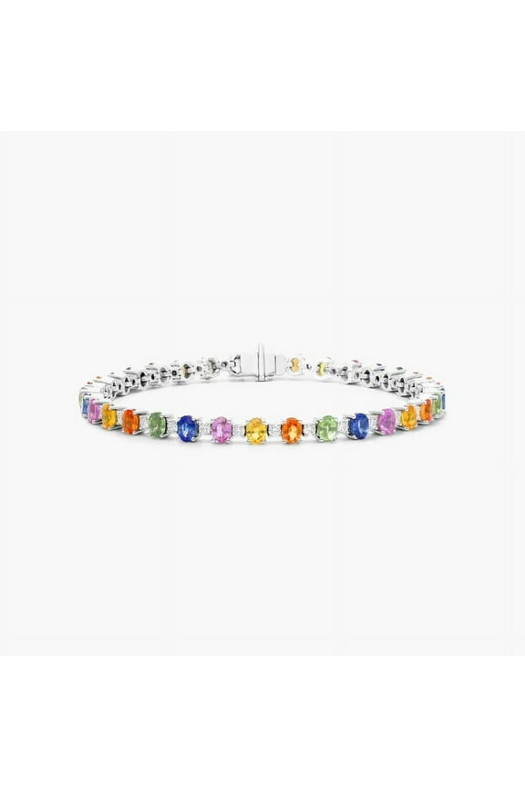 Rainbow Sapphire & CZ Diamond Tennis Bracelet - Oval Cuts - Natural Multi Color Gemstone, Solid 14K Gold plated Colorful Bracelet Gemstones