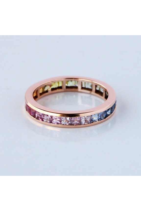 Rainbow Sapphire Eternity Ring, Princess Cut Channel Set Engagement Band Ring, 18k Gold Filled Ring, Cocktail Ring, Multi Color Stackable Ring.