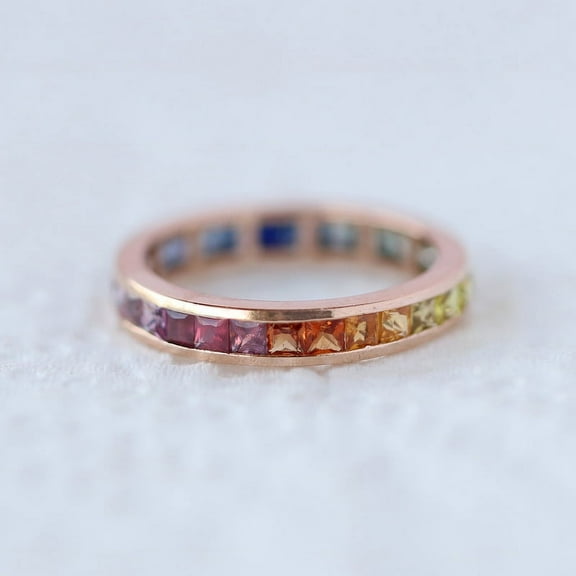 Rainbow Sapphire Eternity Ring, Princess Cut Channel Set Engagement Band Ring, Multi Color Stackable Ring, Cocktail Ring, 18k Gold Filled Ring
