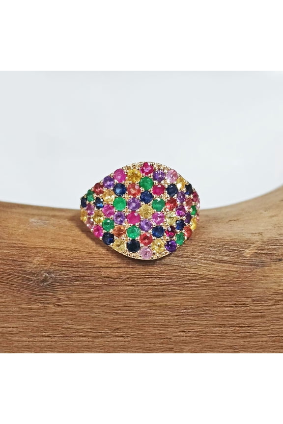 Rainbow Sapphire Gemstone Ring, Dome Ring, Minimalist Pave Set Ring, Stacking Ring, Party Wear Jewelry, Birthstone Ring,