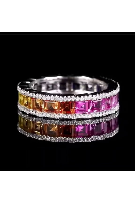 Rainbow Sapphire Ring, 14k Gold Plated Multi Colour Sapphire Stone half Eternity Ring, Sapphire Rainbow Ring, Stacking Gift for her Women's.