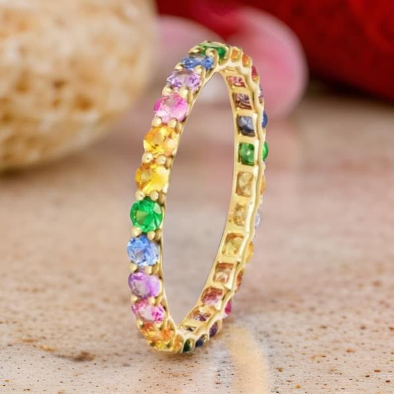 Rainbow Sapphire Ring Yellow Gold 3mm Wedding Band Gradient Ring ...