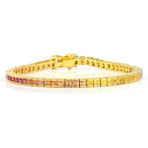 Rainbow Sapphire Tennis Bracelet, 18K Gold Plated, Multi-Color Princess Cut Gemstones