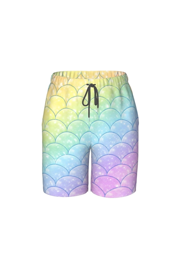 Rainbow Scale Pattern Beach Pants Lightweight Teen Shorts with Mesh Lining and Drawstring
