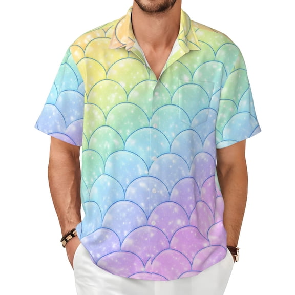 Rainbow Scale Pattern Men's Shirts Short-Sleeved with All-Over Prints Button-Up Shirts