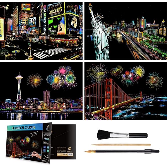 Rainbow Scratch Art Painting Paper (A4) for Adults & Teens, Night View Scratchboard Set:4 Sheet Scratch Cards, Clean Brush, Drawing Pen(Ties Square / Golden Gate Bridge / Seattle / Statue of Liberty)